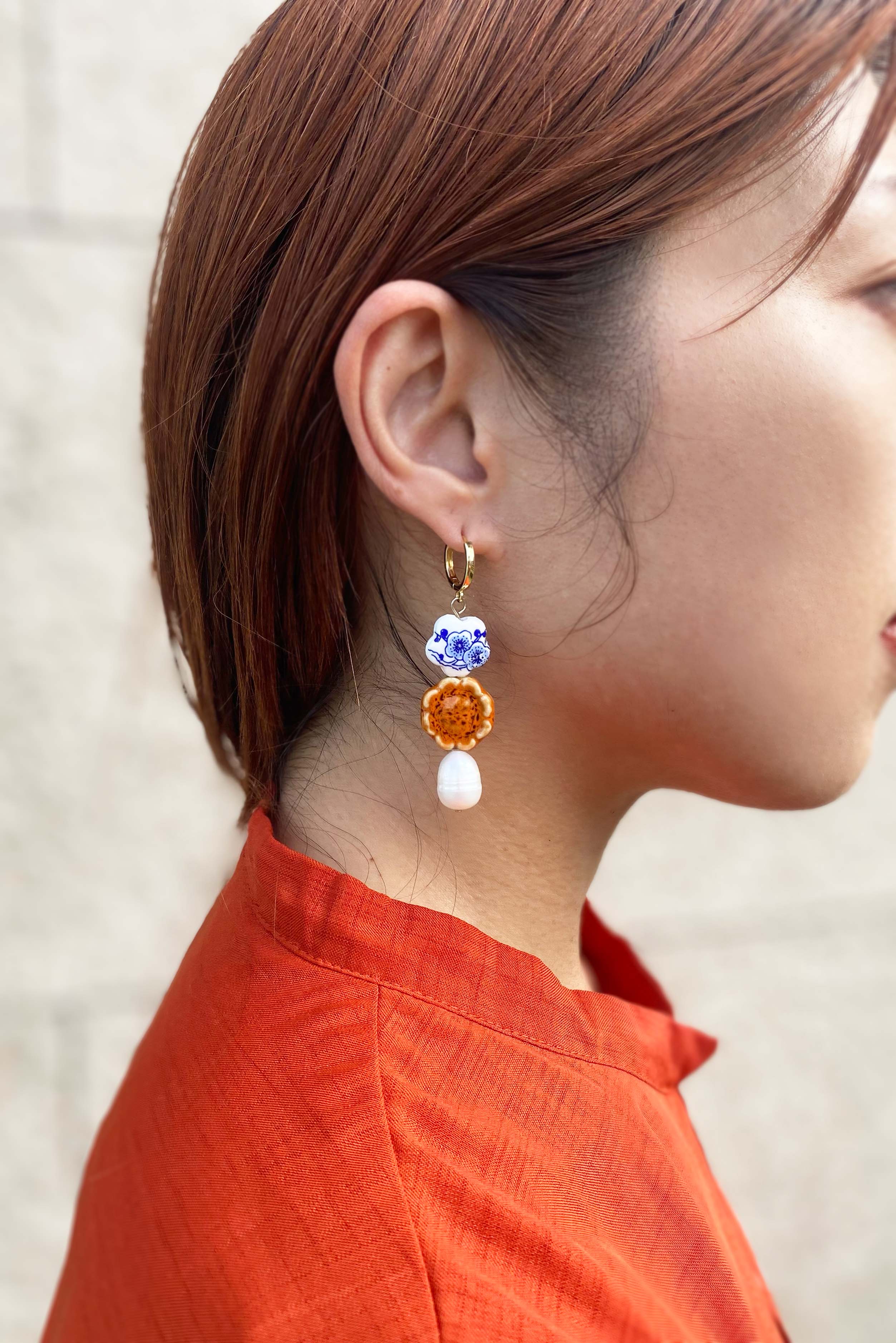 Mooncake and pearl ceramic earrings